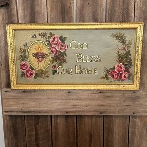1940’s Painting “God Bless Our Home” Chippy paint frame